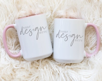 pink handle mug mockup, two toned mug mockup, 15 oz mug mockup, two mugs mockup, coffee cup mock up, pink white mug mockup, stock photo JPG