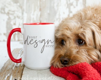 holiday dog mug mockup, red handle mug mockup, 15 oz coffee mug mockup, rustic mug photo, pet mockup, christmas mockup, JPG Digital Photo