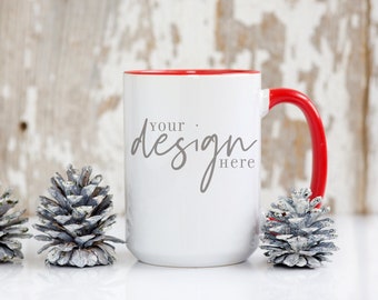 Holiday Mug Mockup, 15 oz mug mockup, red handle mug mockup, Christmas coffee mug photo, holiday cup mock up, mug digital file JPG