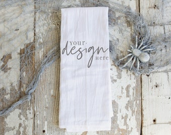 Halloween tea towel mockup, spooky towel mockup, blank white tea towel photo, farmhouse towel stock photo, kitchen towel photo, JPG