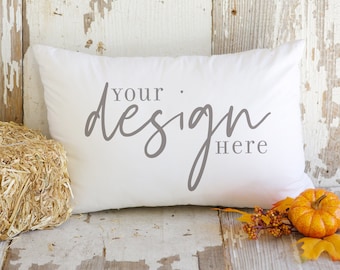 Halloween Pillow Mockup, Fall Pillow Mockup, Rustic Pillow Mockup, White Lumbar Pillow Stock Photo, Pillow Photo JPG, Pillow digital file