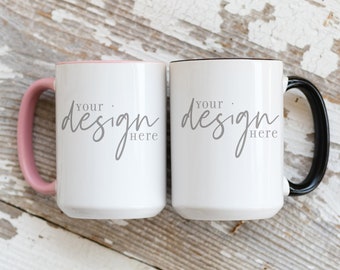 15 oz Pink White Black Coffee Mug Mockup, Two Mugs Mockup, Rustic & Stylish Mug Mockup, Stock Photo JPG Download