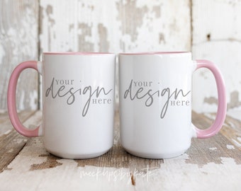 Pink and white 15 oz mug mockup, two mugs mockup, rustic coffee mug mock up, pink handle cup photo, styled product photo, jpg