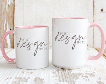 Pink and white mug mockup, two mugs mockup, rustic coffee mug mock up, pink handle cup photo, styled product photo, mug digital file, jpg