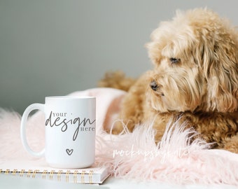 Coffee Mug with Dog Mockup | 15 oz Mug Mockup | Cozy and Stylish Mug Mockup | Mug Lifestyle Photography | Mug Digital File | Mug JPG