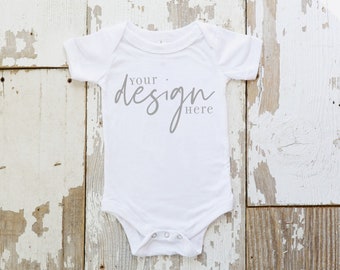 Baby Onesie Mockup, White Bella Canvas Mockup, Baby Bodysuit Mockup, Rustic Styled Stock Photo, Sublimation SVG JPG Digital Download