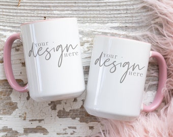Pink Handle Coffee Mug Mockup: Rustic 15 oz Mug, Two Mugs (JPG Download)