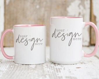 Pink and white mug mockup, two mugs mockup, rustic coffee mug mock up, pink handle cup photo, styled product photo, mug digital file, jpg