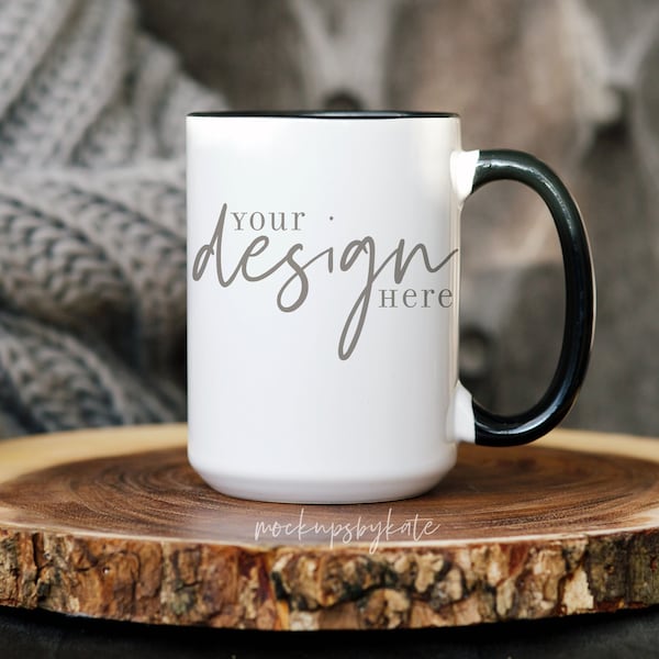 15 oz Mug Mockup, Coffee Mug Mockup, White Mug Black Handle Mock Up, Cozy Mug Mockup, Mug Stock Photo, Styled Mug JPG Photo