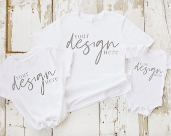 family t-shirt mockup, mom dad and me mockup, white shirt mock up, bella canvas mockup, onesie mockup, white tee mockup, rustic styled photo