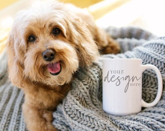 Cute Mug Mockup with Dog | 15 oz Mug Mockup | Cozy Dog Mug Mockup | Lifestyle Stock Photography | Coffee Mug Mockup | Mug Digital JPG