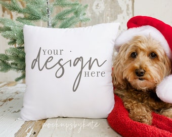 Christmas Pillow Mockup: Dog with Santa Hat (JPG Download)