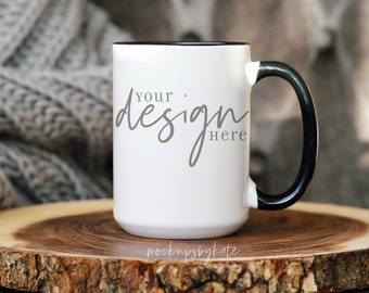 15 oz Mug Mockup, Coffee Mug Mockup, White Mug Black Handle Mock Up, Cozy Mug Mockup, Mug Stock Photo, Styled Mug JPG Photo