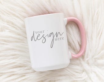15 oz mug mockup, pink handle mug mock up, white and pink coffee mug photo, styled product photo, coffee mug stock photo, svg jpg