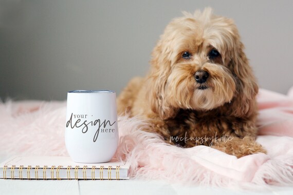 Cute Tumbler Mockup with Dog | White Wine Tumbler Mockup | Cozy tumbler Mockup | Lifestyle Stock Photo | Wine Tumbler Digital File JPG
