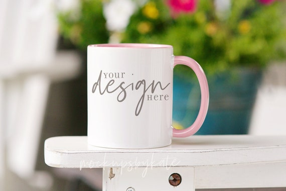 Summer Mug Mockup: Pink Handle 11oz Coffee Mug (JPG File)