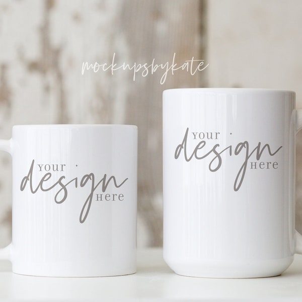 Two Mugs Mockup | 11 oz Mug Mockup | 15 oz Mug Mockup | White Mug Mockup | Mug Size Comparison Mockup | Rustic Mugs Mockup | Styled Mug