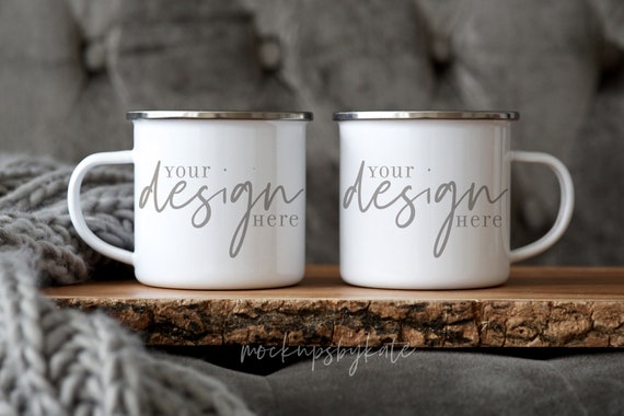 Camp Mug Mockup: Two White Mugs, Silver Rim (JPG Digital File)