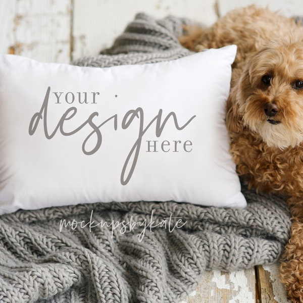 Adorable dog pillow mockup, cute pet pillow mockup, lumbar pillow photo, rustic pillow mockup, styled stock photo, digital download jpg svg
