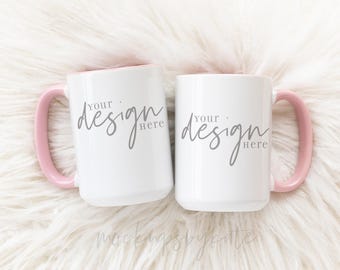 Pink Handle Mug Mockup: 15 oz Coffee Cup, Two Mugs (JPG)