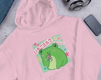 Kawaii frog strawberry milk Unisex Hoodie, Kawaii strawberry milk hoodie, Kawaii hoodie, Kawaii frog hoodie