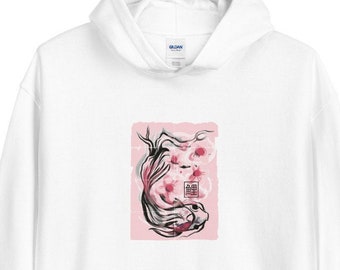 Pesce Koi con felpa con cappuccio Sakura Unisex, felpa con cappuccio dipinta giapponese, felpa con cappuccio estetica giapponese