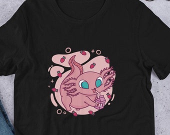 Kawaii Axolotl drinkt aardbeienmelk Unisex T-Shirt met korte mouwen, schattig axolotl t-shirt, kawaii aardbeienmelk t-shirt