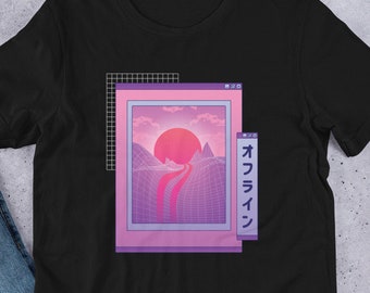 Vaporwave japonés paisaje manga corta Unisex camiseta, retrowave camiseta, paisaje japonés, estética japonesa, camiseta de anime