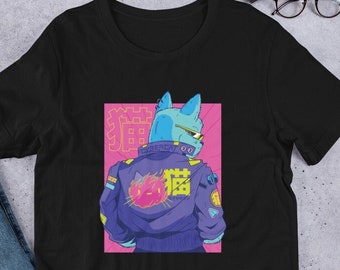 Cyberpunk cat Camiseta Unisex de Manga Corta, Camiseta de gato Vaporwave, Camiseta japonesa vaporwave
