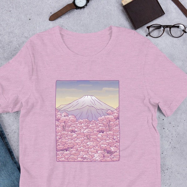 Pastel Sakura Fuji mountain Short-Sleeve Unisex T-Shirt, Pastel cherry blossom-shirt, Japanese Sakura t-shirt, Aesthetic t-shirt