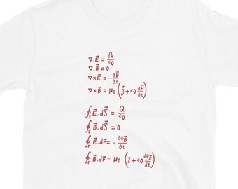 May include: A white t-shirt with red text featuring Maxwell's equations of electromagnetism. The equations are written in a mathematical format and include symbols for electric field, magnetic field, charge, and permittivity.