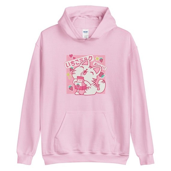 Strawberry milk Japanese cat Unisex Hoodie, kawaii strawberry milk hoodie, kawaii cat hoodie, Japanese kawaii cat hoodie