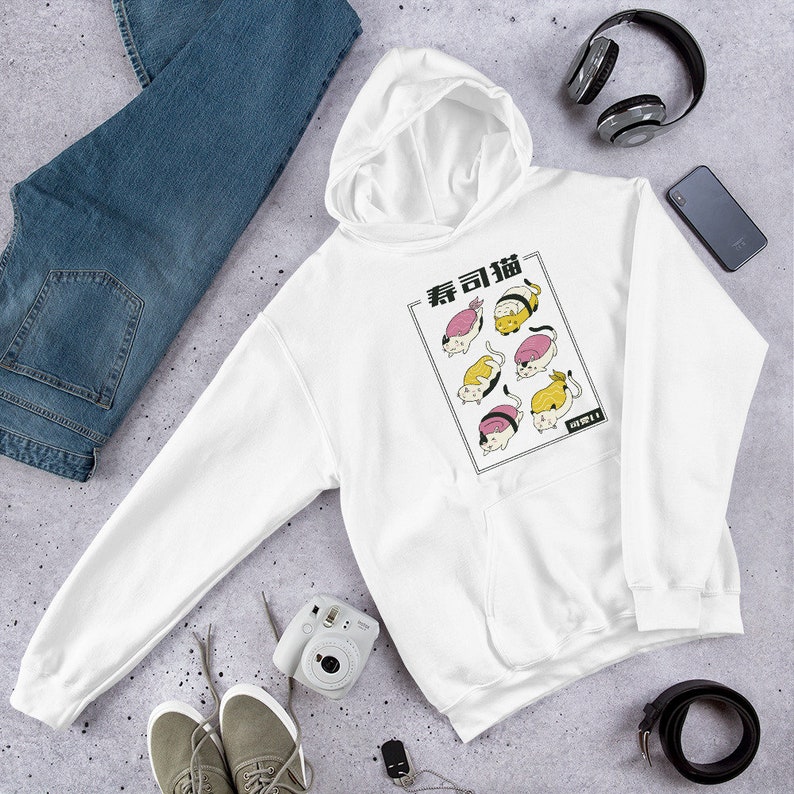 May include: White hoodie with a graphic of cats dressed as sushi. The text on the graphic says "寿司猫" which translates to "Sushi Cat".
