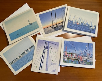 SAILING I - Notecard set of six (6) A2 size (4.25" x 5.5") cards, folded, w envelope - high quality digital art print - watercolor effect
