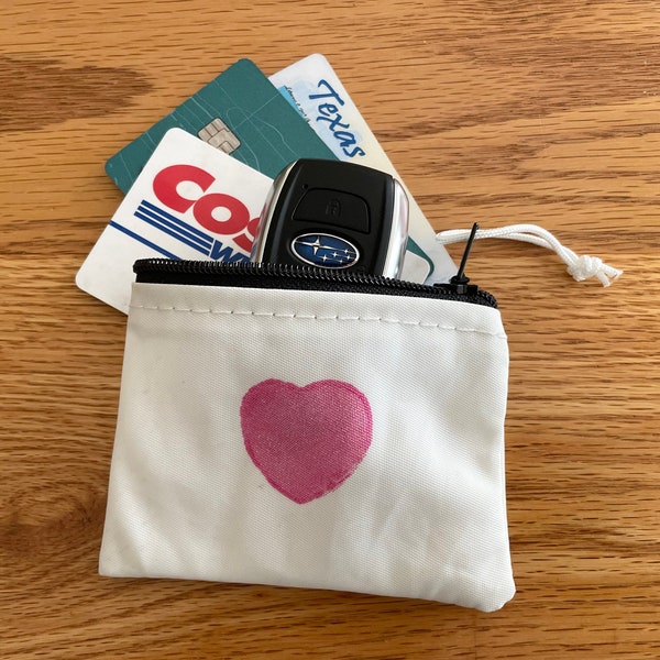 Upcycled sailcloth 4" x 3" Change purse / ear bud pouch / minimalist wallet / upcycled / coin purse / nautical / whimisical / hand stamped