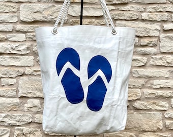 Recycled sailcloth tote bag w blue flip flops insignia - recycled dacron sail - interior zipper pocket - 3 strand nylon line handles
