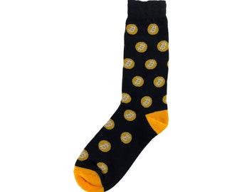 May include: Black socks with a yellow Bitcoin pattern.