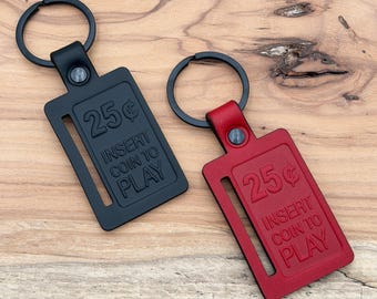 25 Cents Insert Coin to Play Leather Keychain | Arcade Retro Keyring | Gaming