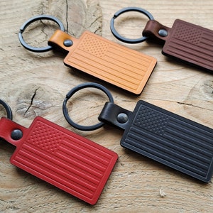 USA America Flag Handmade Italian Leather Keychain Keyring