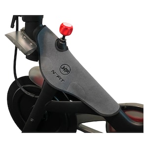 May include: Gray exercise bike handlebar cover with a black N'FIT logo. The cover is made of a textured material and has a red knob on the top.