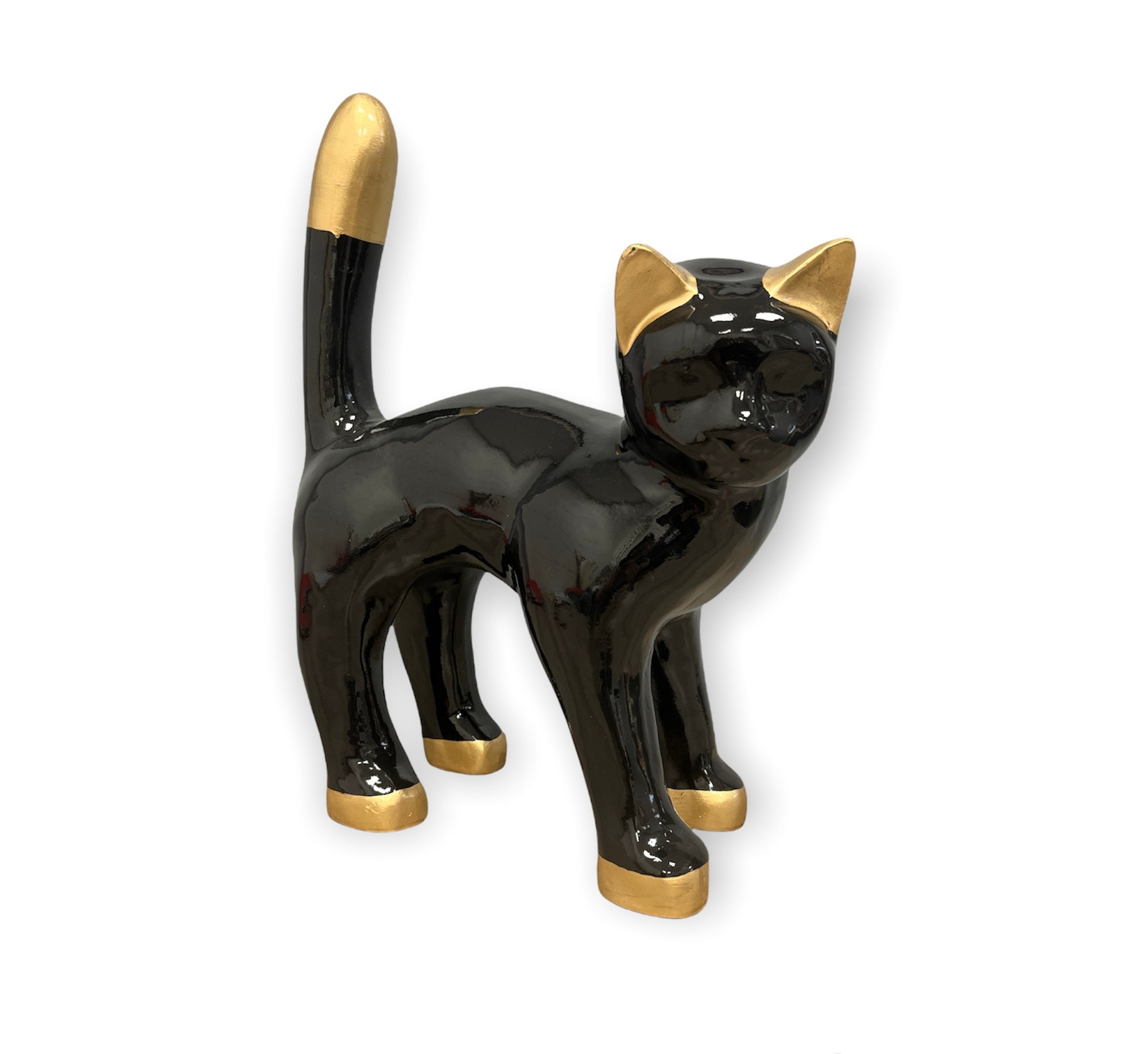 statue Chat Noir et Or en Résine , Décoration Intérieur Extérieur, Hauteur 45cm