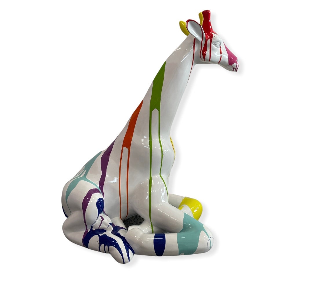 statue Girafe Blanc Multicolore en Résine - H.85cm Décoration Intérieur et Extérieur