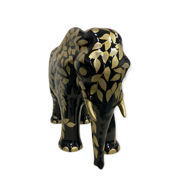 Statue éléphant en résine noir design fleure or, décoration intérieur et extérieur, hauteur 60CM