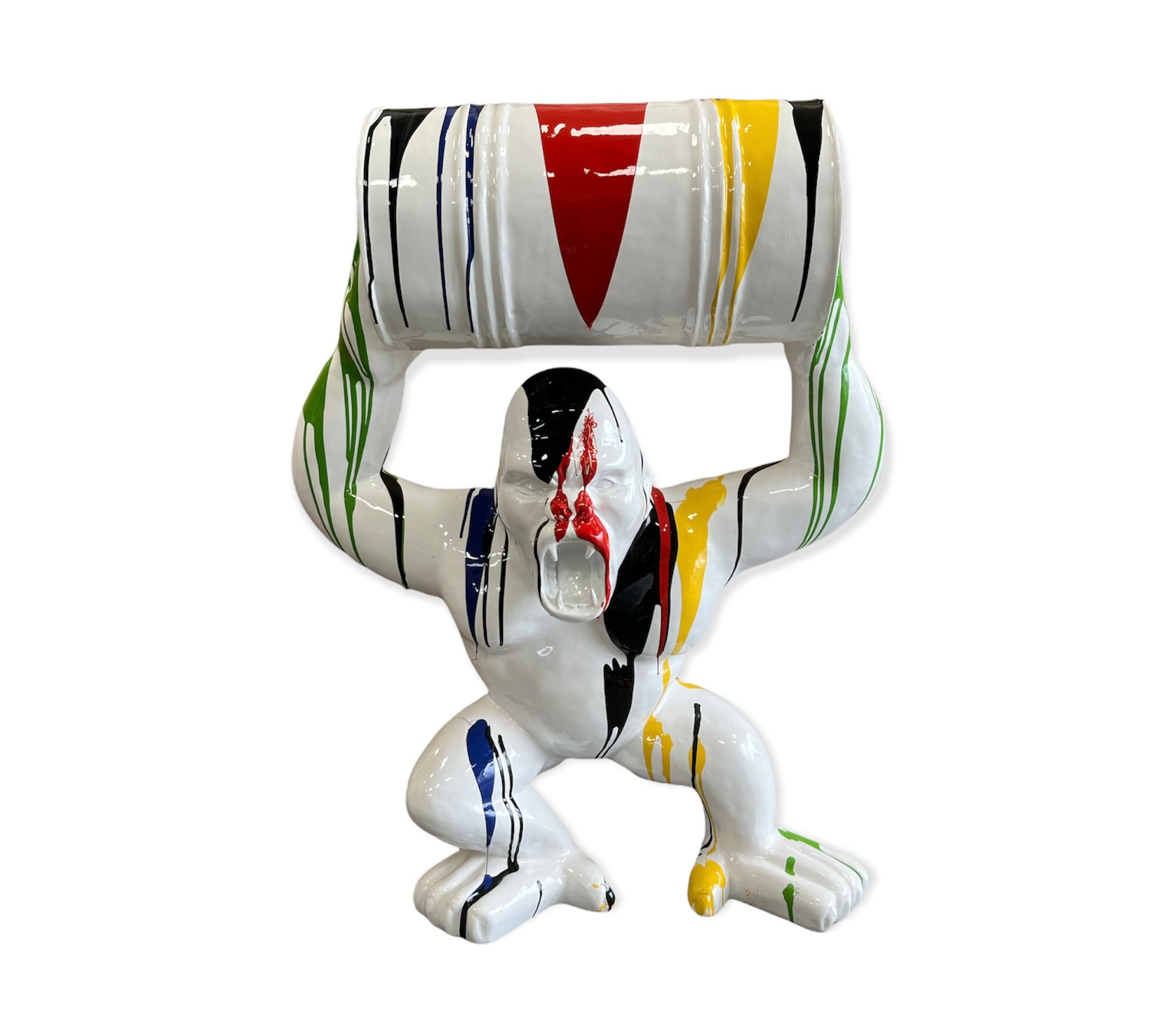 statue Résine Gorille avec Tonneau - Blanc Multicolore H95cm