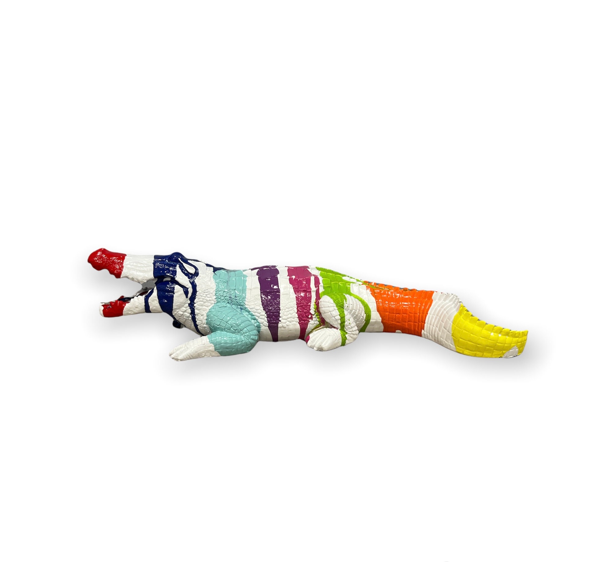 statue Crocodile en Résine Blanc Coulure Multicolore , Décoration Intérieur et Extérieur, Longueur 5