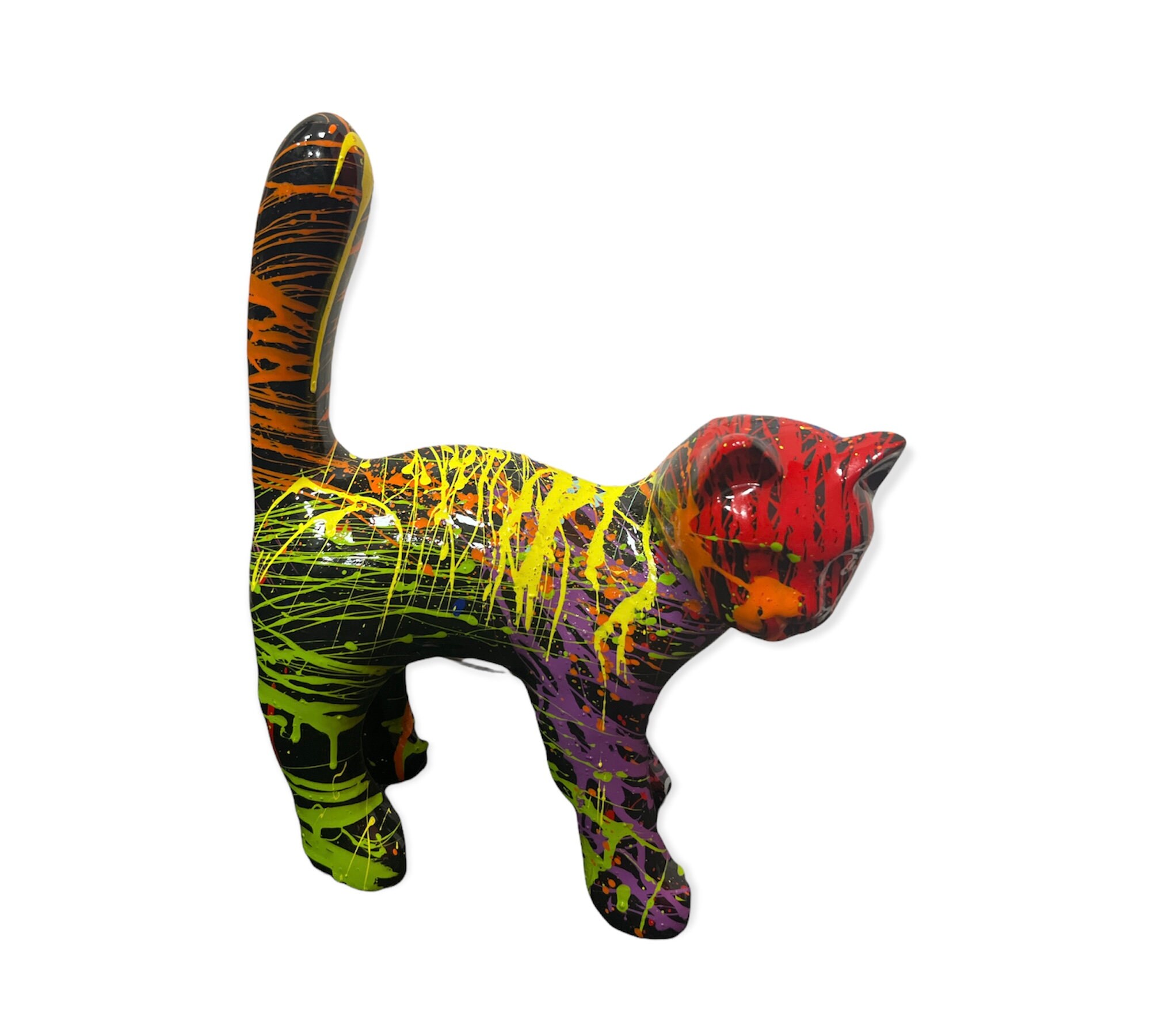 statue Chat Noir Splash Multicolore en Résine, Décoration Intérieur et Extérieur, H.30cm