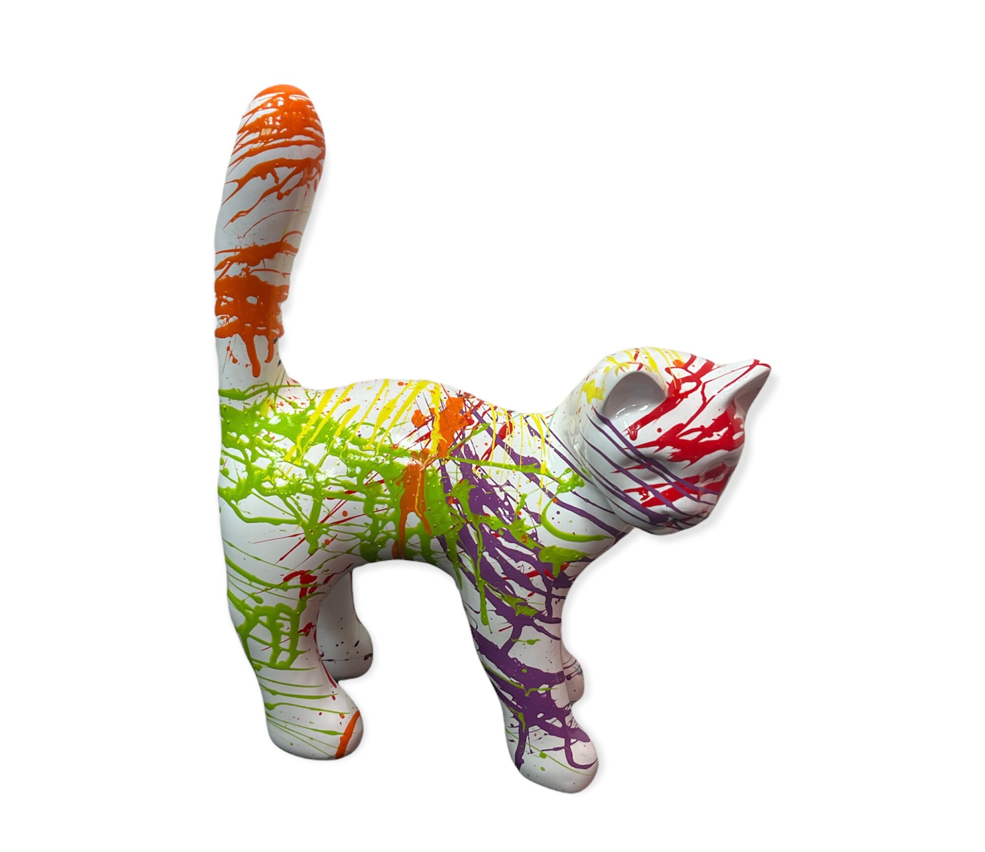 statue Chat Blanc Splash Multicolore en Résine, Décoration Intérieur et Extérieur, H.30cm