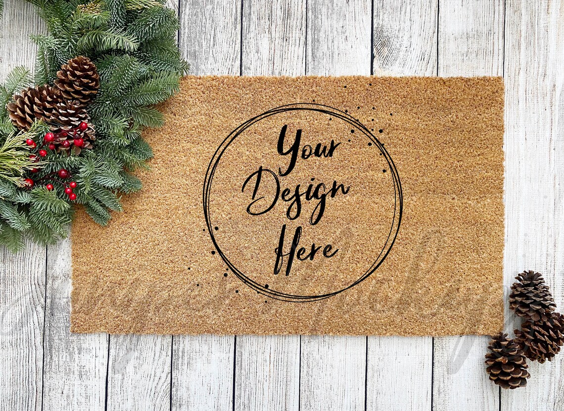 Coir Doormat MOCKUP Blank Flat Lay Rustic Farmhouse Style With Pine