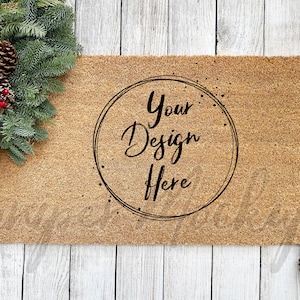 Coir Doormat MOCKUP Blank - Flat lay - Rustic Farmhouse Style with pine tree cones.  Blank doormat photo, blank doormat winter christmas