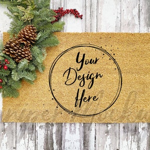 Coir Doormat MOCKUP on Rustic Wood - Flat lay - Rustic Farmhouse Style with pine tree cones.  Blank doormat photo, winter christmas holiday